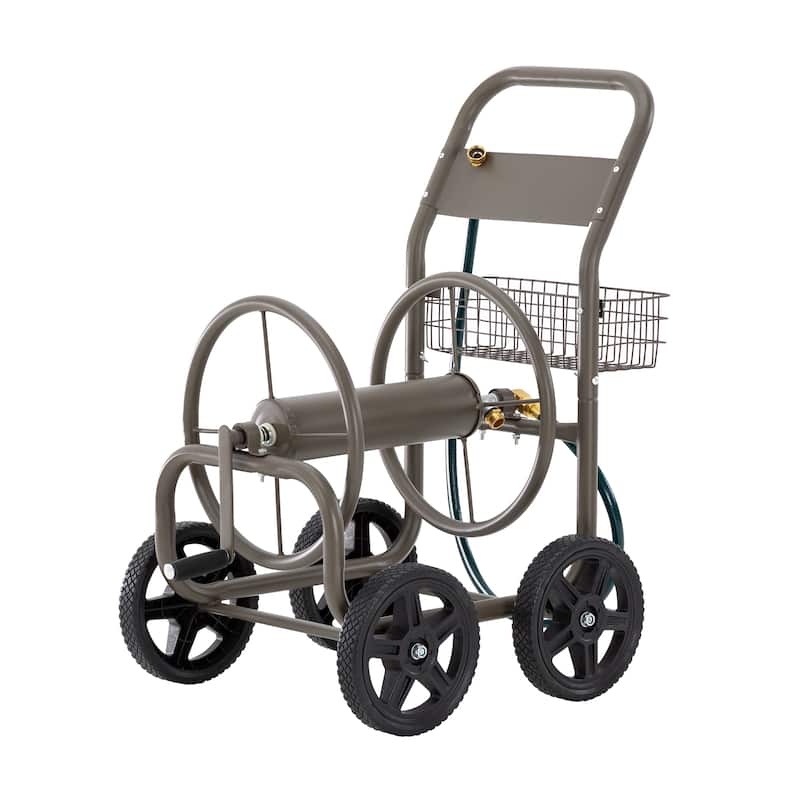 Glitzhome 36"H Steel Garden 4-Wheel Reel Cart with Hose - Grey