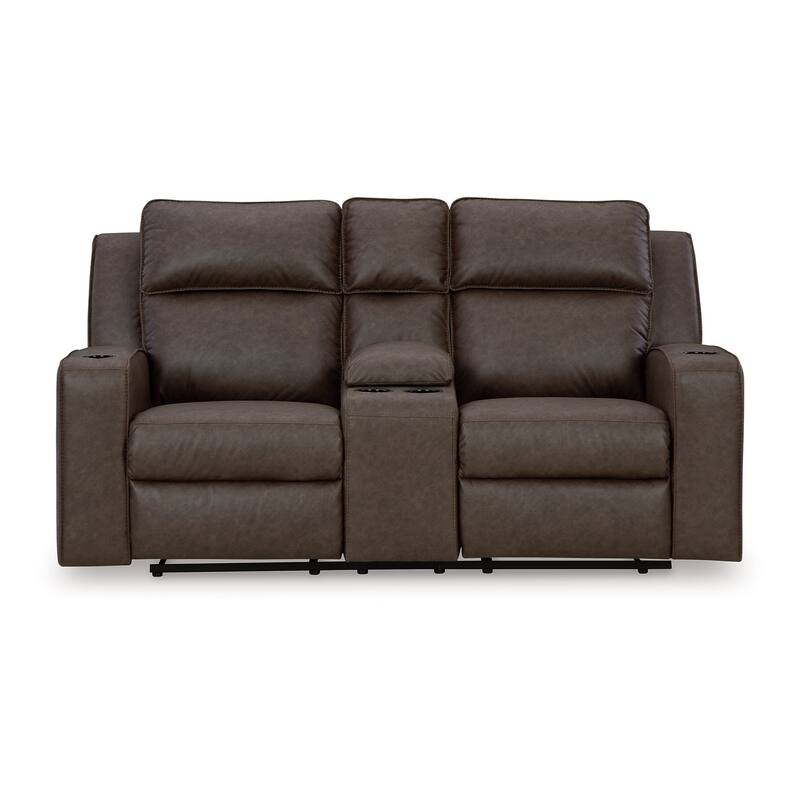 Livie Manual Recliner Loveseat, Console Brown Gray Faux Leather 77in