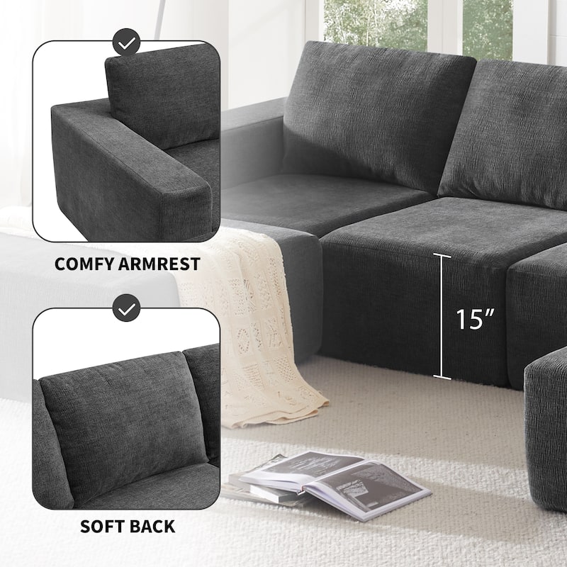 Modular U-Shaped Sectional Sofa with 2 Ottomans, Chenille Cloud Floor Couch, Fully Compressed Upholstered Sofa