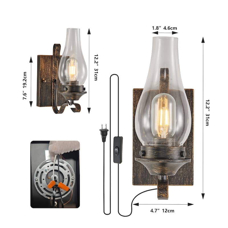 Set of 2 Rustic Farmhouse Wall Sconces, Vintage Industrial Plug-in Wall Lights