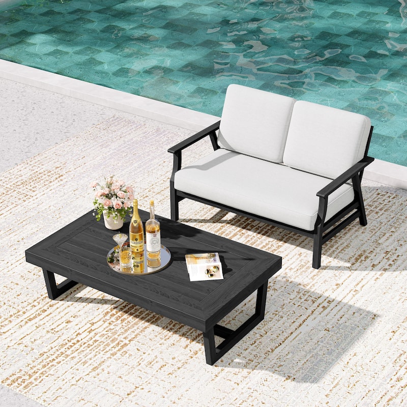2-Piece Teak Outdoor Loveseat Set with Table. - Black Wood - Beige/coffee table