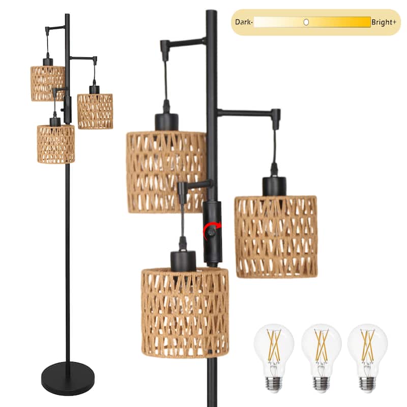 3 Light Standing Lamp Rattan Boho Tree Floor Lamps