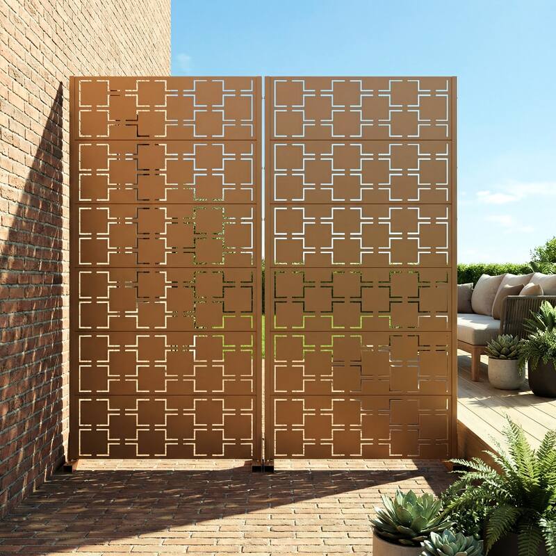 Outdoor Freestanding Metal Privacy Screen Decorative Garden Fence Set of 2