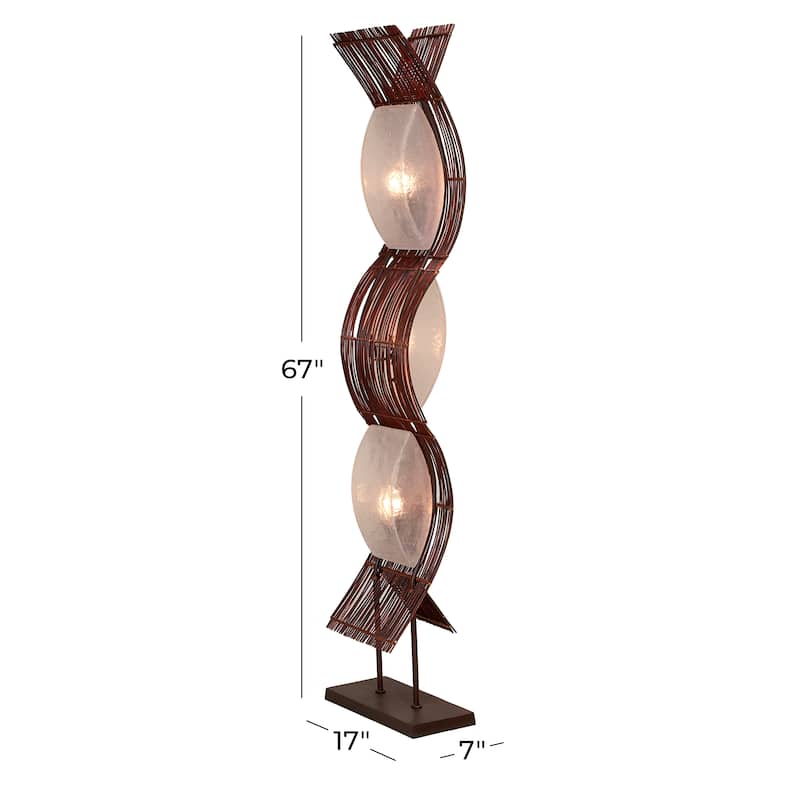 Bamboo Wood Tribal Wavy Floor Lamp with Cream Lamp Shades - Brown - Roche River Decor