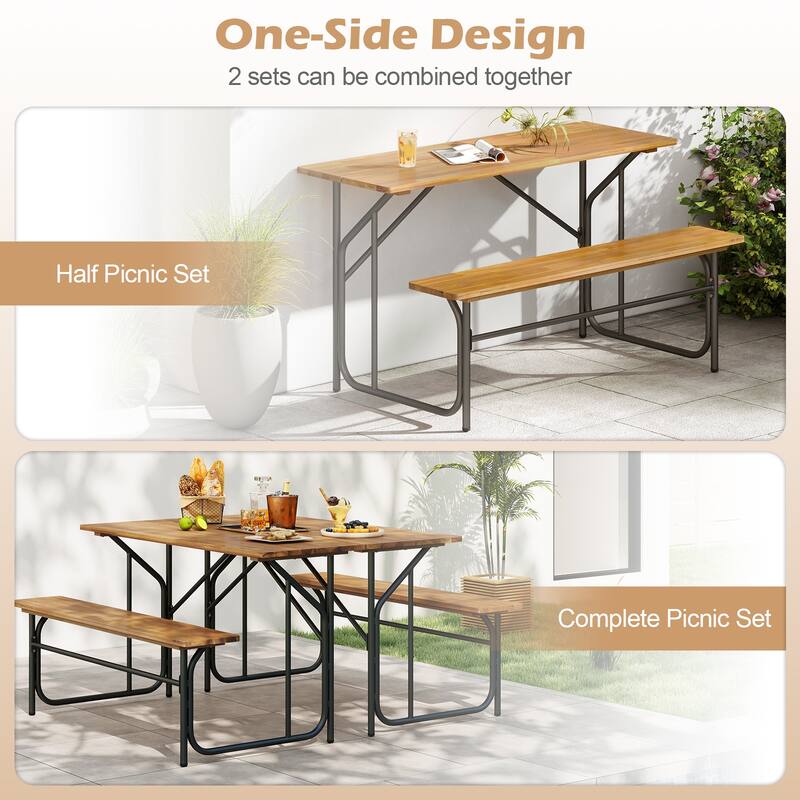 Gymax 2PCS Table Bench Set for 2 Picnic Table & Loveseat w/Acacia Wood