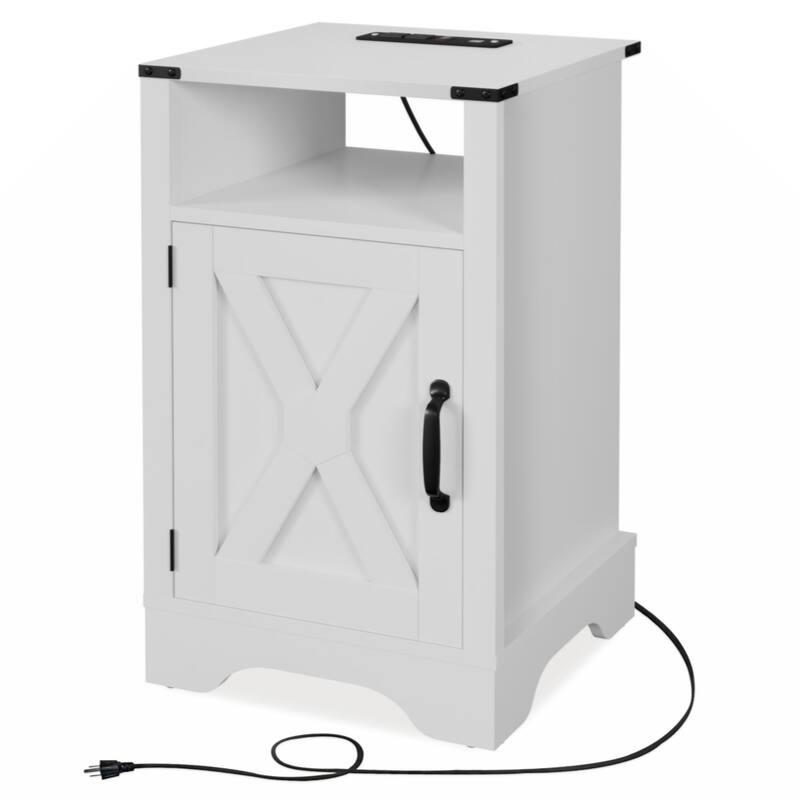 Farmhouse Nightstand Side Table,Tall Bedside Table with Electrical Outlets Charging Station (2 Sets) - White