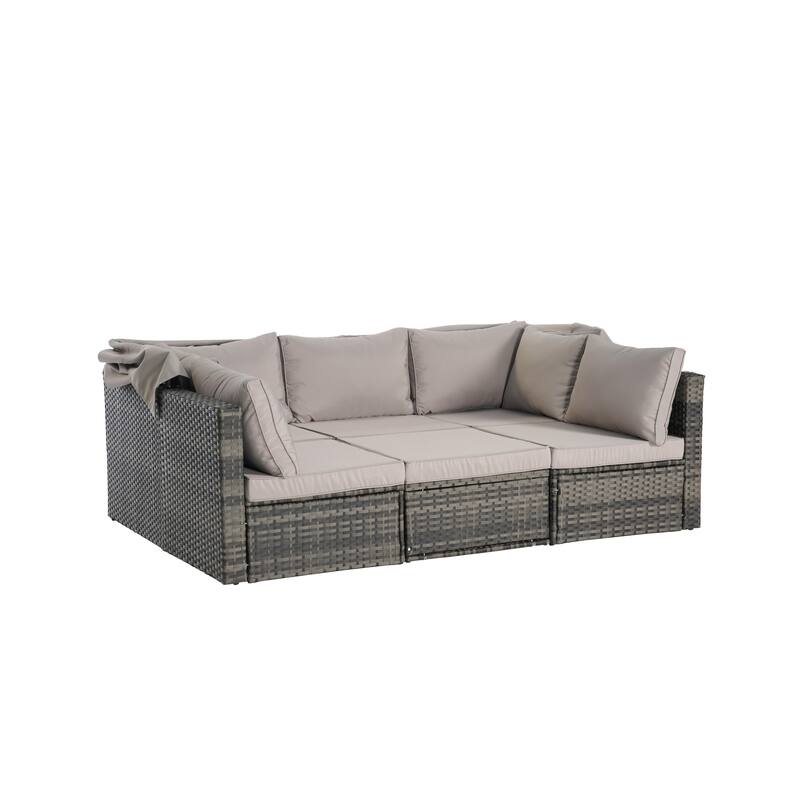 5-Piece Outdoor Patio Wicker Daybed Set with Retractable Canopy, Storable Table