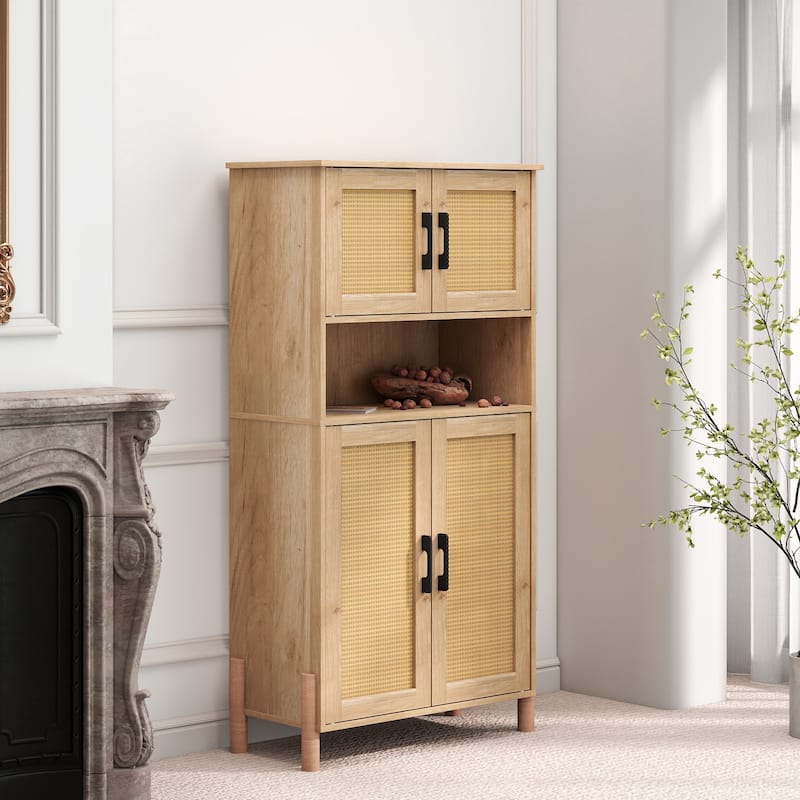 GDFStudio - Olivia Elegant Mid-Century Modern 4-Door Storage Cabinet with Woven Rattan Doors and Adjustable Shelves