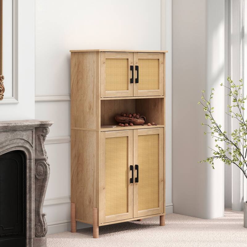 Mid-Century Modern 4-Door Storage Cabinet with Woven Rattan Doors & Adjustable Shelves - Perfect for Living Room & Dining Room