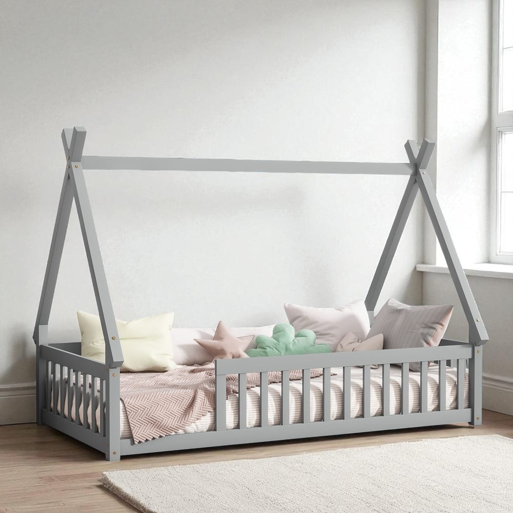 Twin Tent-Shaped Floor Bed with Guardrails, Low Platform Teepee Bed Frame with Slats, Solid Wood Design