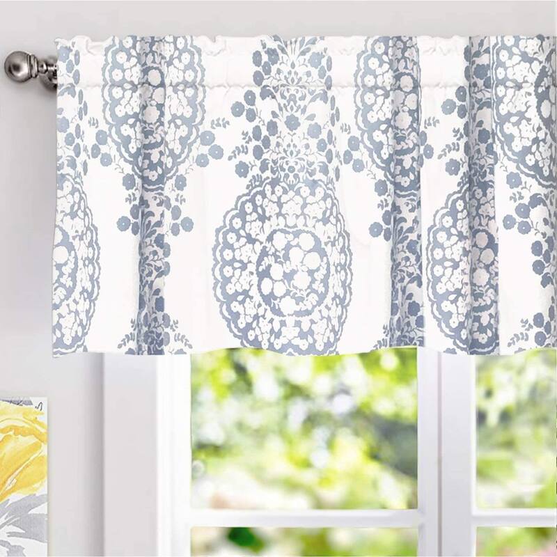 DriftAway Samantha Floral Damask Medallion Pattern Valance Rod Pocket - 52 x 14 - Dusty Blue