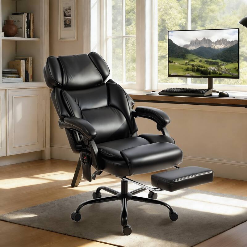 HOMCOM Massage Office Chair with Lumbar Heat, Ergonomic Executive Desk Chair with Footrest 6 Points Vibration, High Back PU - light grey