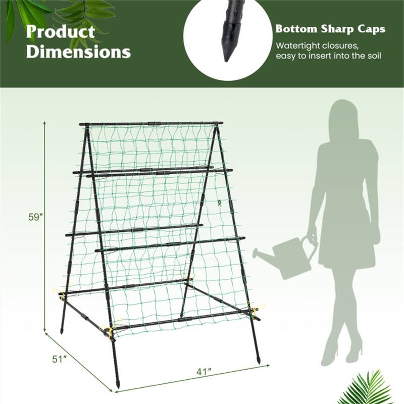 Black PE-Coated Metal A-Frame Garden Trellis with Netting Support - 41" x 51" x 59" (L x W x H)