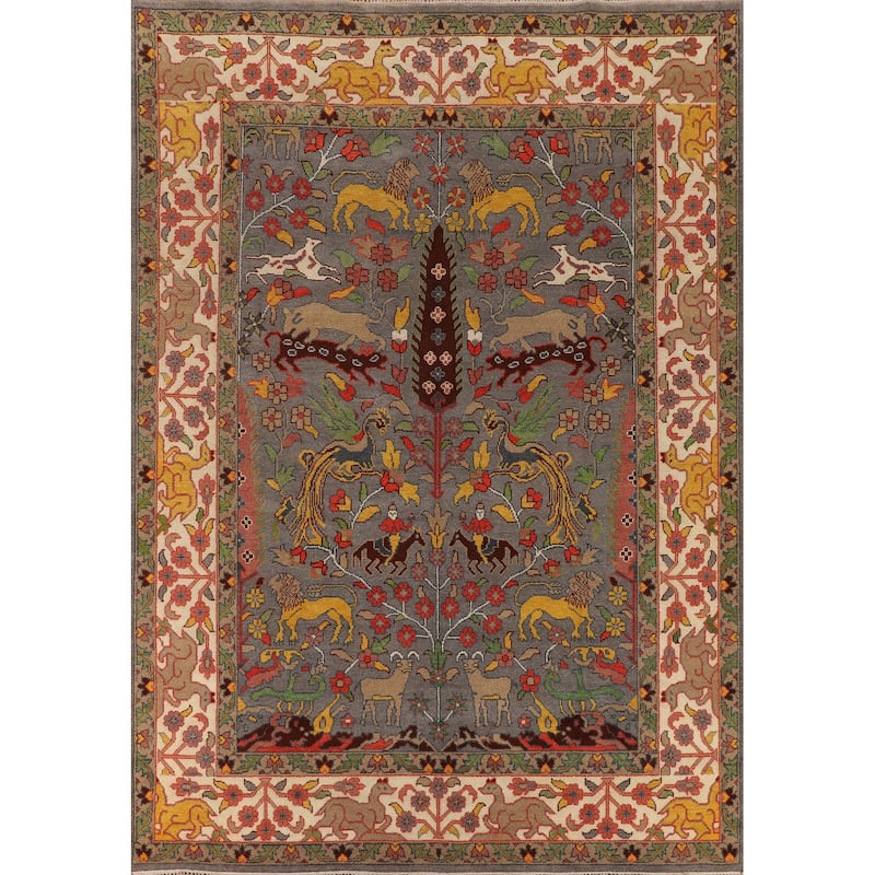 Hunting Animals Ziegler Indian Area Rug Hand-Knotted Wool Carpet - 9'1" X 11'10"