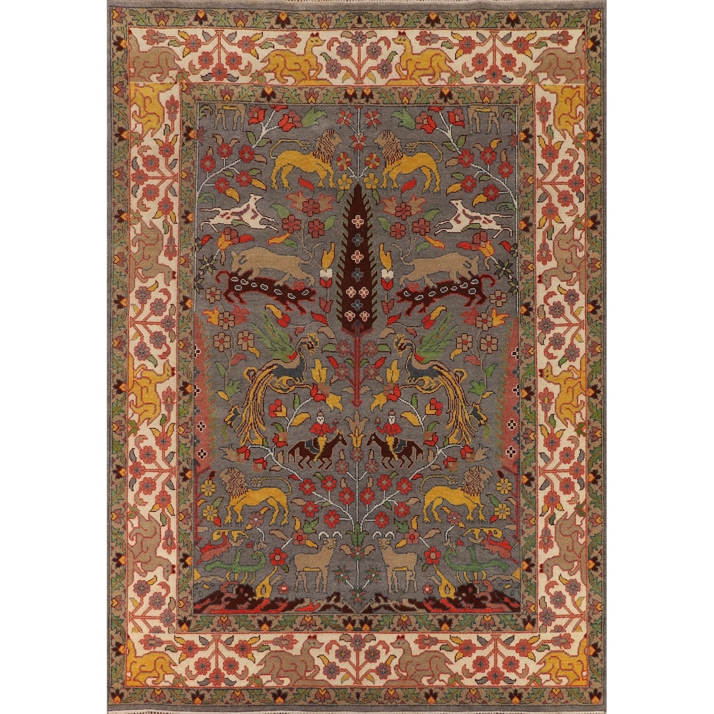 Hunting Animals Ziegler Indian Area Rug Hand-Knotted Wool Carpet - 9'1" X 11'10"