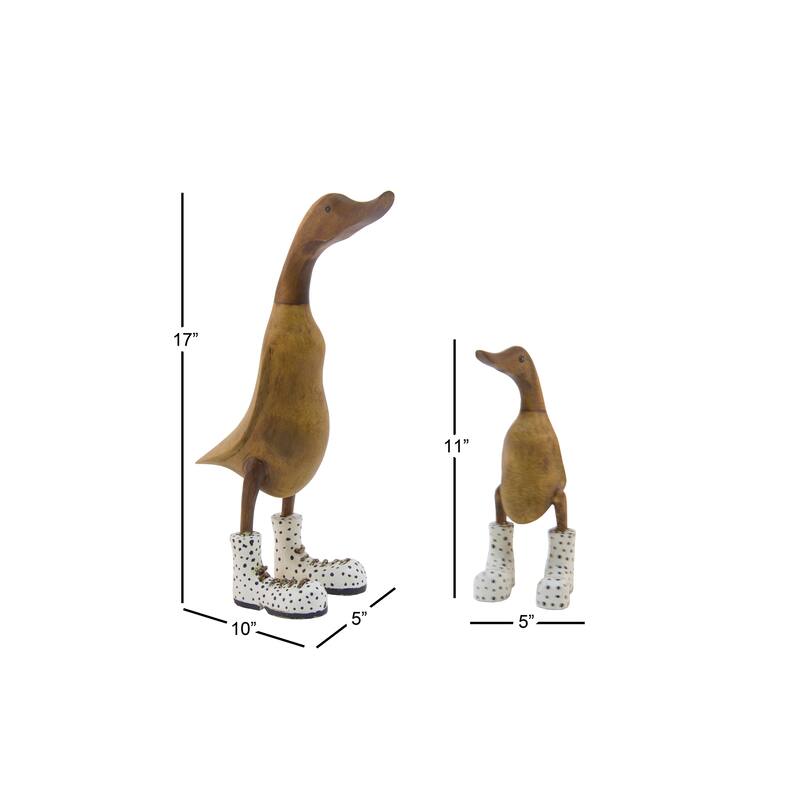 Brown Bamboo Wood Duck Decorative Sculpture (Set of 2)