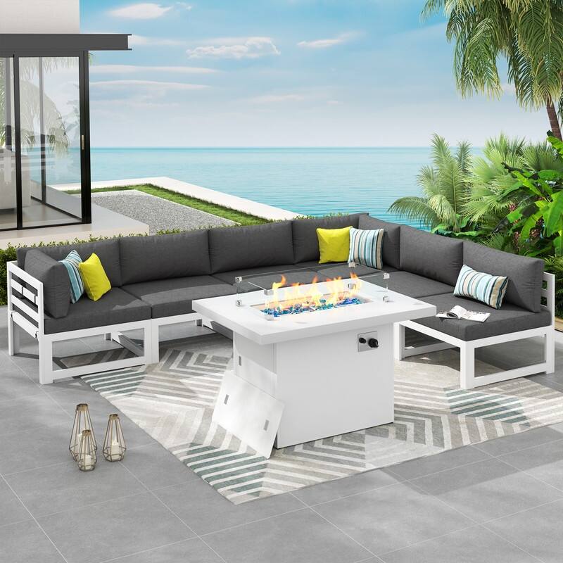 7 Piece Aluminum Patio Furniture Set with Fire Pit Propane/Gas, 29 inch Deep Wide Seat Aluminum Outdoor Sectional - White Frame - Dark Gray