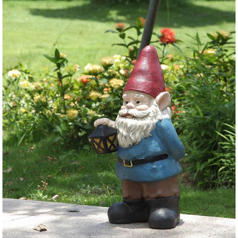 18.25" Red Blue Bobblehead Gnome Holding Lantern Outdoor Garden Statue
