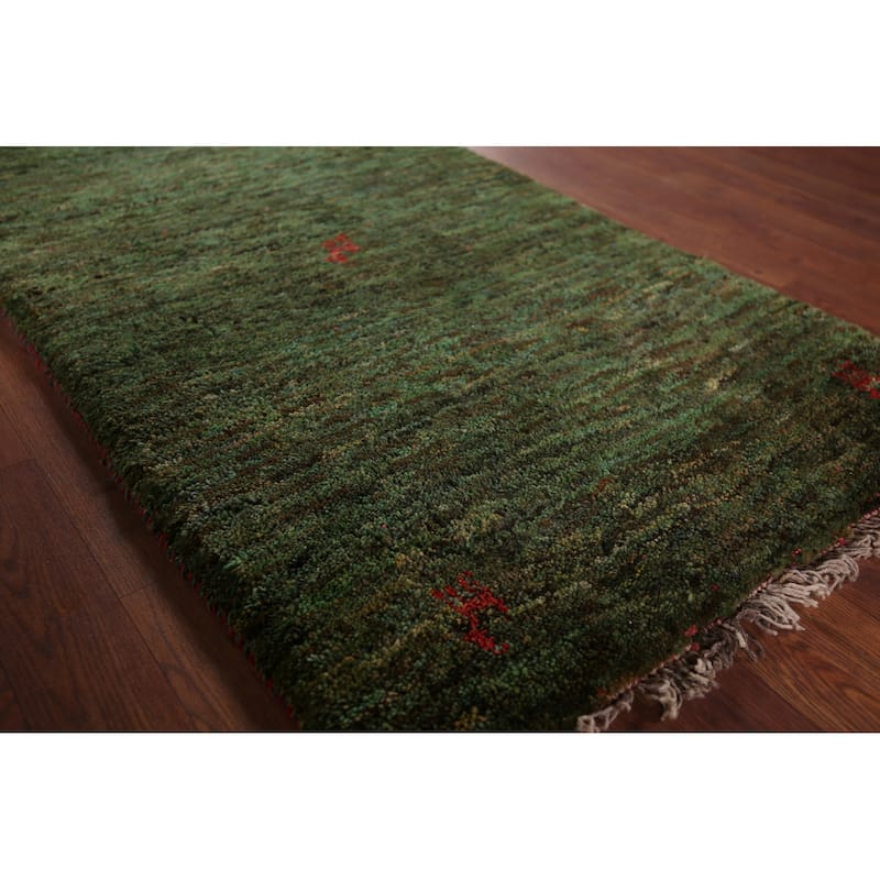 Tribal Green Gabbeh Persian Accent Rug Handmade Wool Carpet - 2'7"x 5'0"