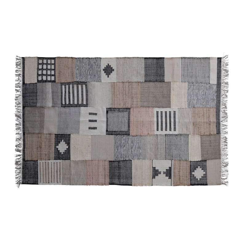 Wool and Jute Blend Patchwork Rug - 96.0"L x 60.0"W x 0.5"H - 96.0"L x 60.0"W x 0.5"H - Multi