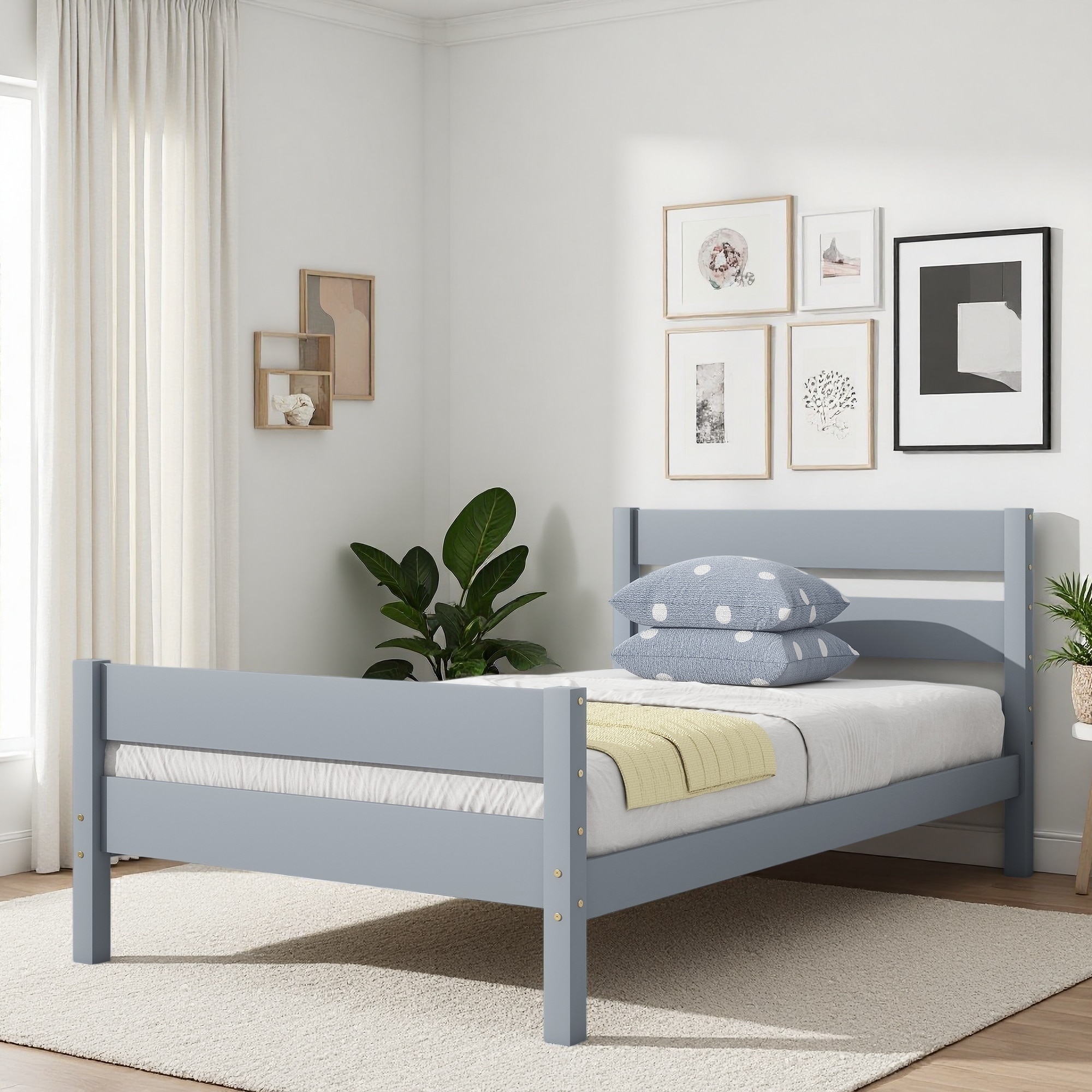 Twin Size Rubberwood Platform Bed with Headboard and Footboard