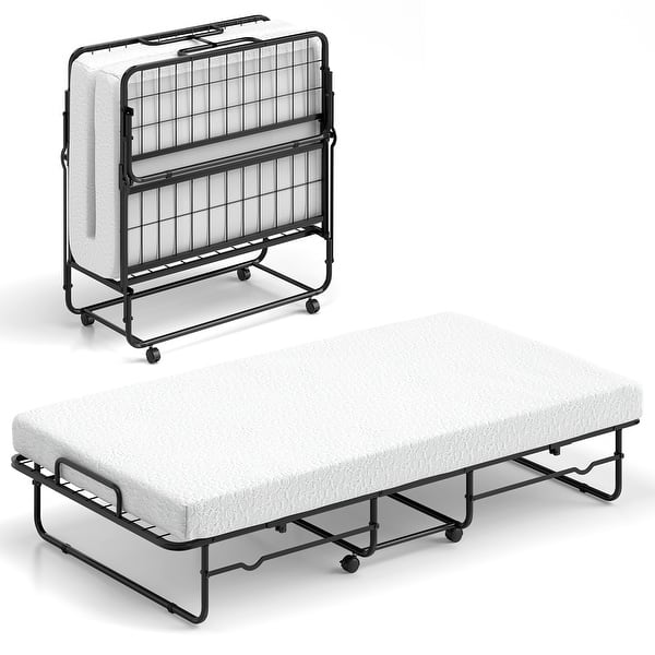 slide 2 of 10, White Memory Foam Twin Folding Bed with Black Metal Frame and Wheels Black