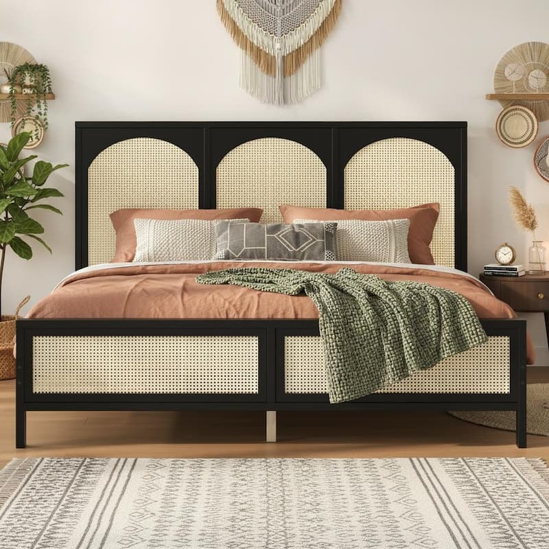 Rattan Inlay Wood Platform Bed by Harper&Bright Designs - Black - King