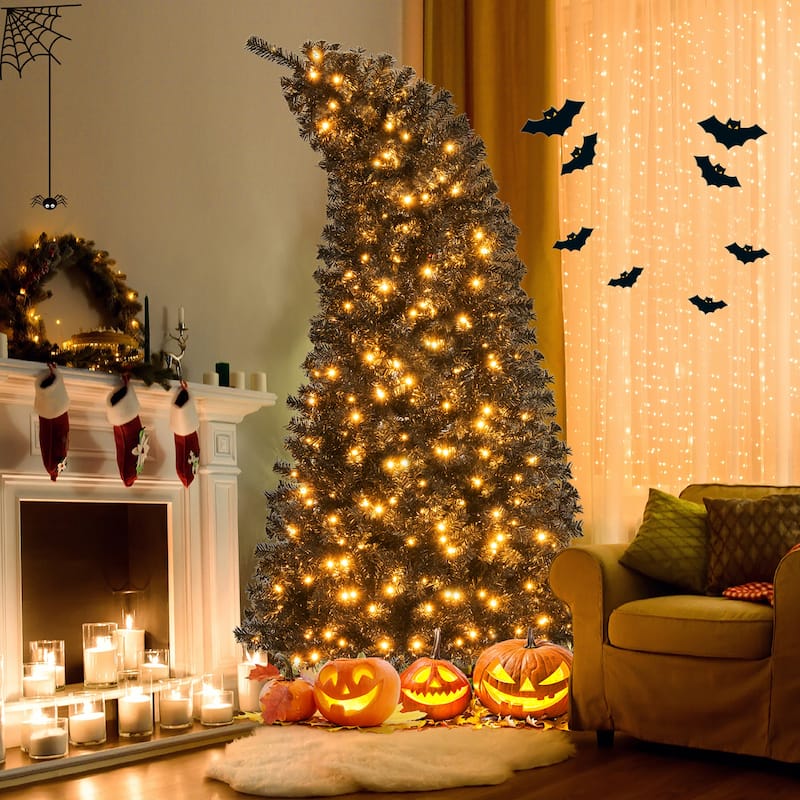 Gymax 6/7 FT Artificial Halloween Tree Pre-Lit Black Christmas Tree w/