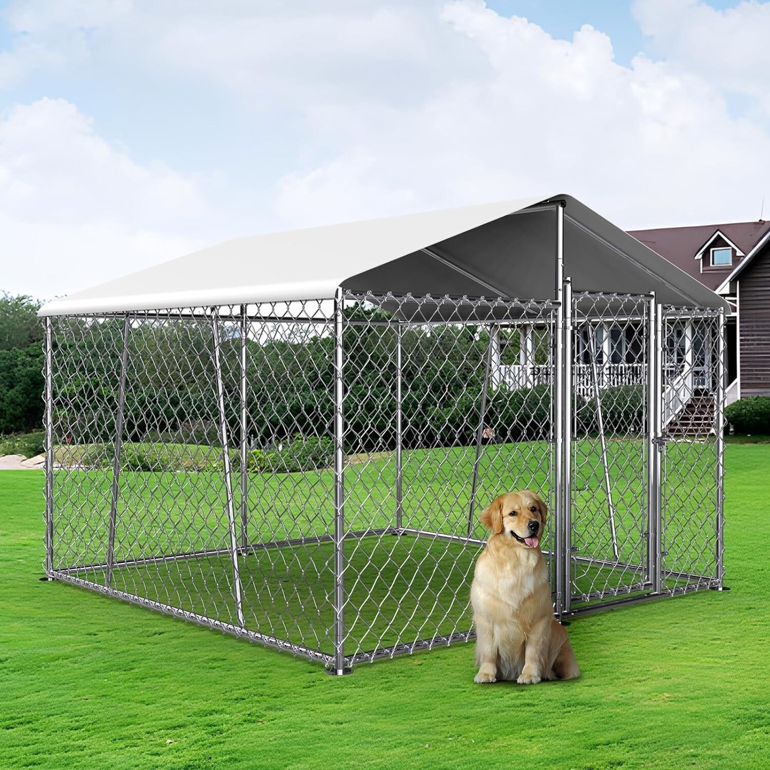 Outdoor Dog Kennel with Roof, Heavy Duty Chain Link Dog Kennel with Lock -  Overstock - 40544792