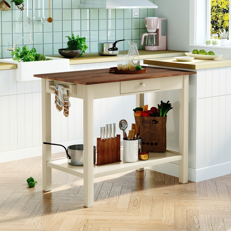 3-Piece Kitchen Island,Butch Block Prep Table,Towel Rack and 2 Stools