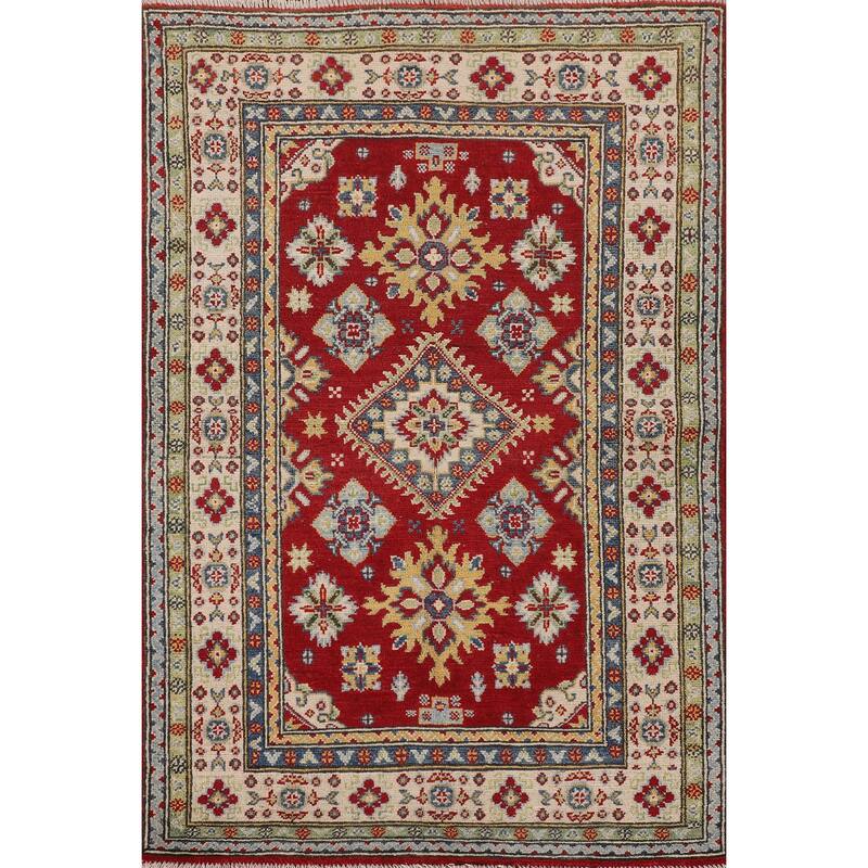 Traditional Kazak Oriental Accent Rug Hand-Knotted Red Wool Carpet - 3'3"x 4'10"