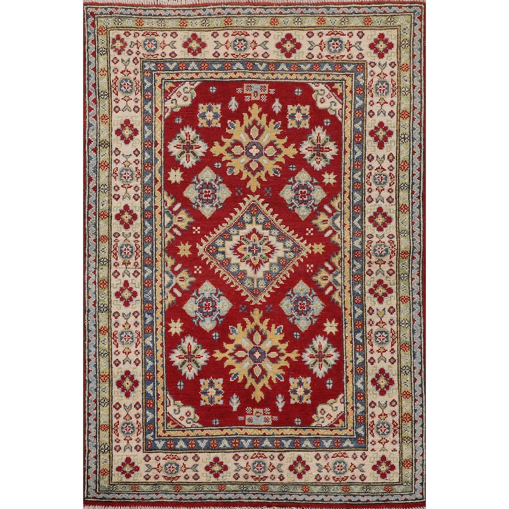 Traditional Kazak Oriental Accent Rug Hand-Knotted Red Wool Carpet - 3'3"x 4'10"
