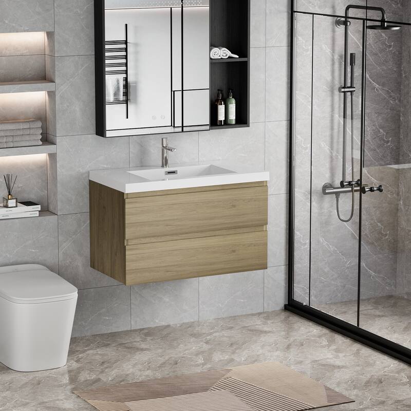 35.5-Inch Floating Bathroom Vanity with Glossy Resin Sink, Ash Grey Color, Wall-Mounted Design, 2 Drawers
