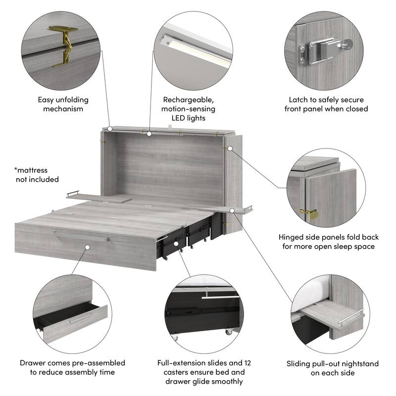 Bestar Borealis 57W Full Murphy Cabinet Bed with Pullout Drawer