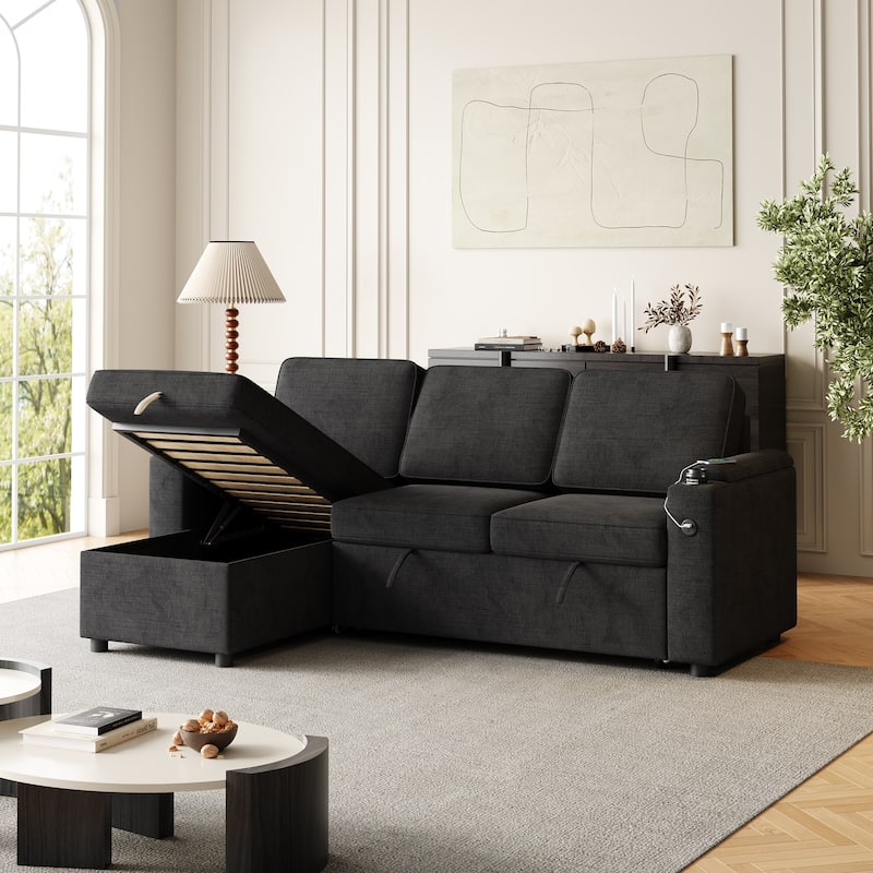 85.8" Sleeper Sectional Sofa with Storage Chaise, Armrest, Charging Port