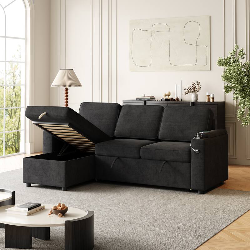 85.8" Sleeper Sofa, Sofa Bed with Storage and Charging Port