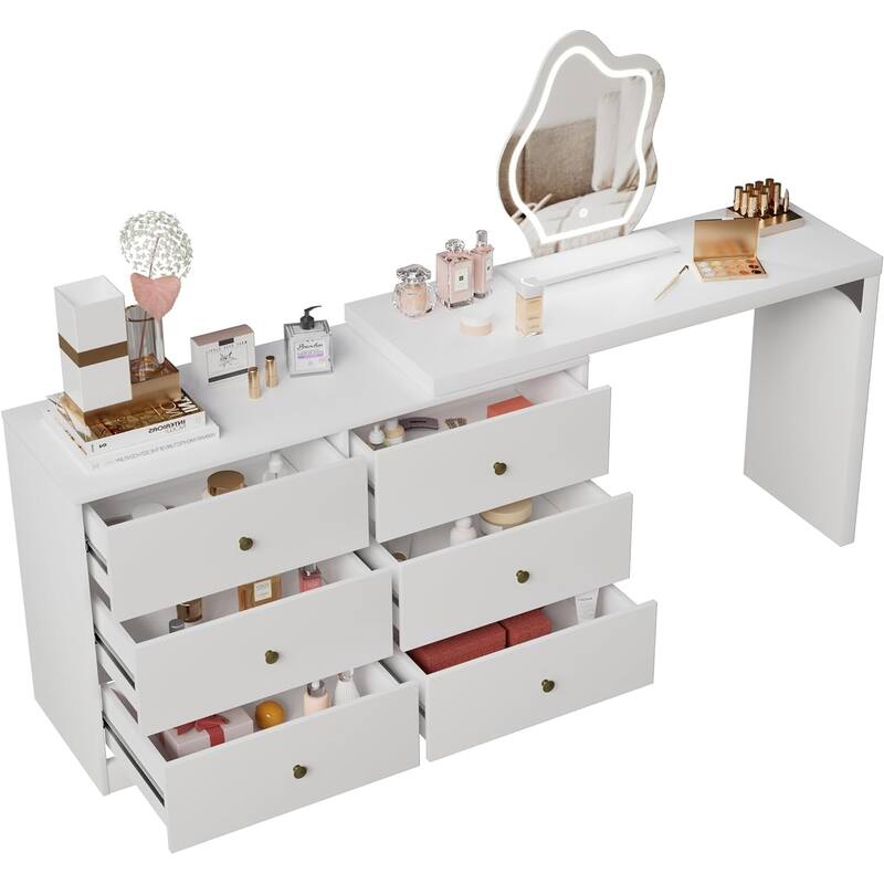 Vanity Desk with Lighted Mirror, Extendable Vanity Table with 6 Drawers