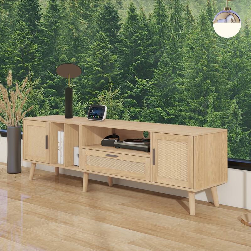 Rattan TV Stand Media Console Table for TVs up to 80", Entertainment Center with Solid Wood Legs, TV cabinet