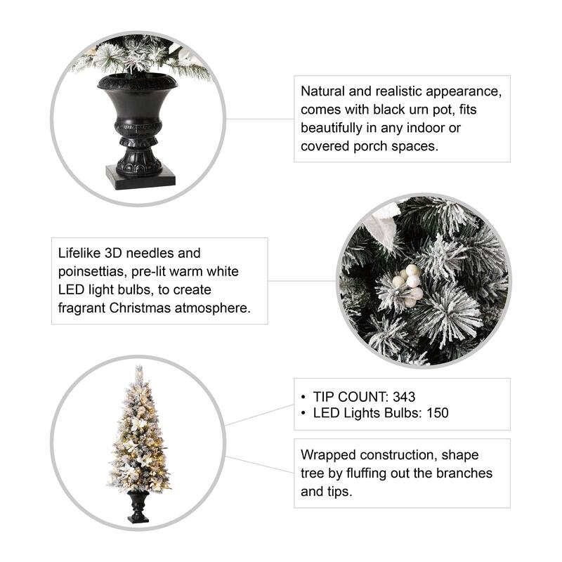 Glitzhome 5FT Pre-Lit Flocked Pine Artificial Christmas Porch Tree with 150 Warm White Lights and Poinsettia