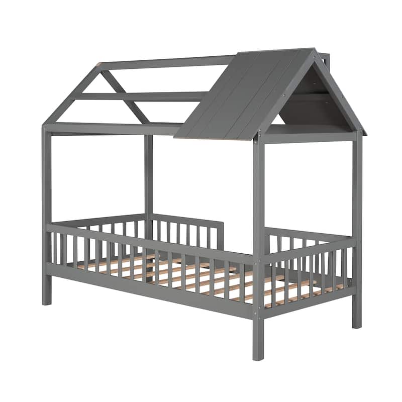 Full/Twin House Bed for Kids with Roof and Fence, Wood Platform Bed, Montessori Style