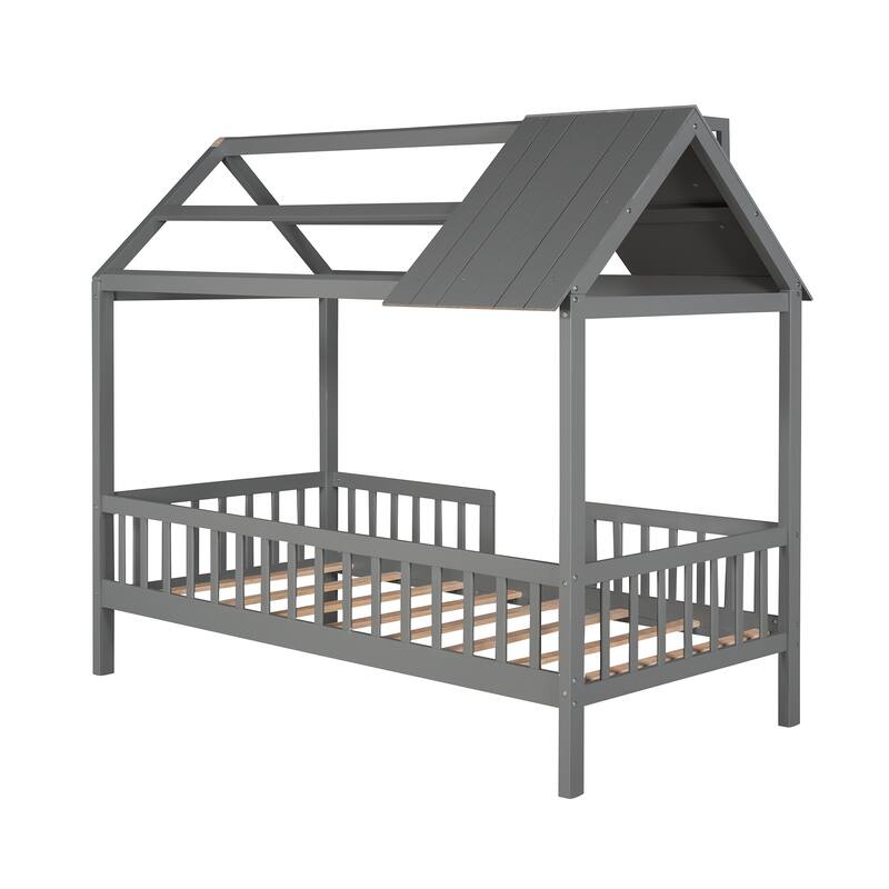 Twin Size White House Bed with Roof, Fence, and Sturdy Wood Frame