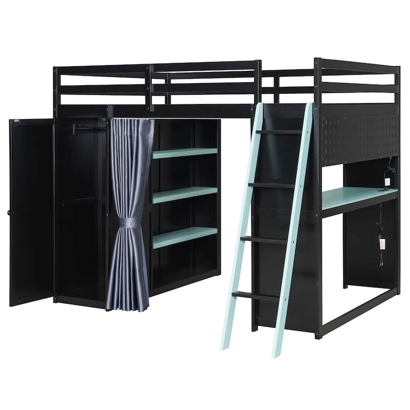 Full Size Wood Loft Bed with, Wardrobe, Shelves, Blackout Curtains, and RGB Lights