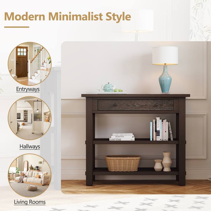 36" Retro Console Table with Drawer and Two Sturdy Shelves for Entryway or Living Room