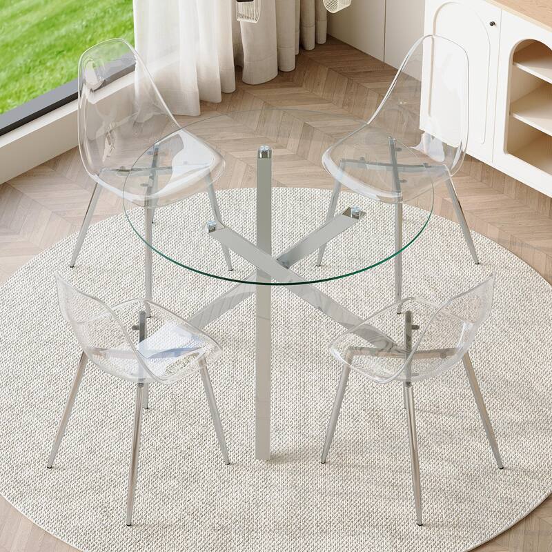 Set of 5 Piece Round Glass Dining Table and 4 Transparent Plastic Chairs X Shaped Metal Base - Silver,Transparent