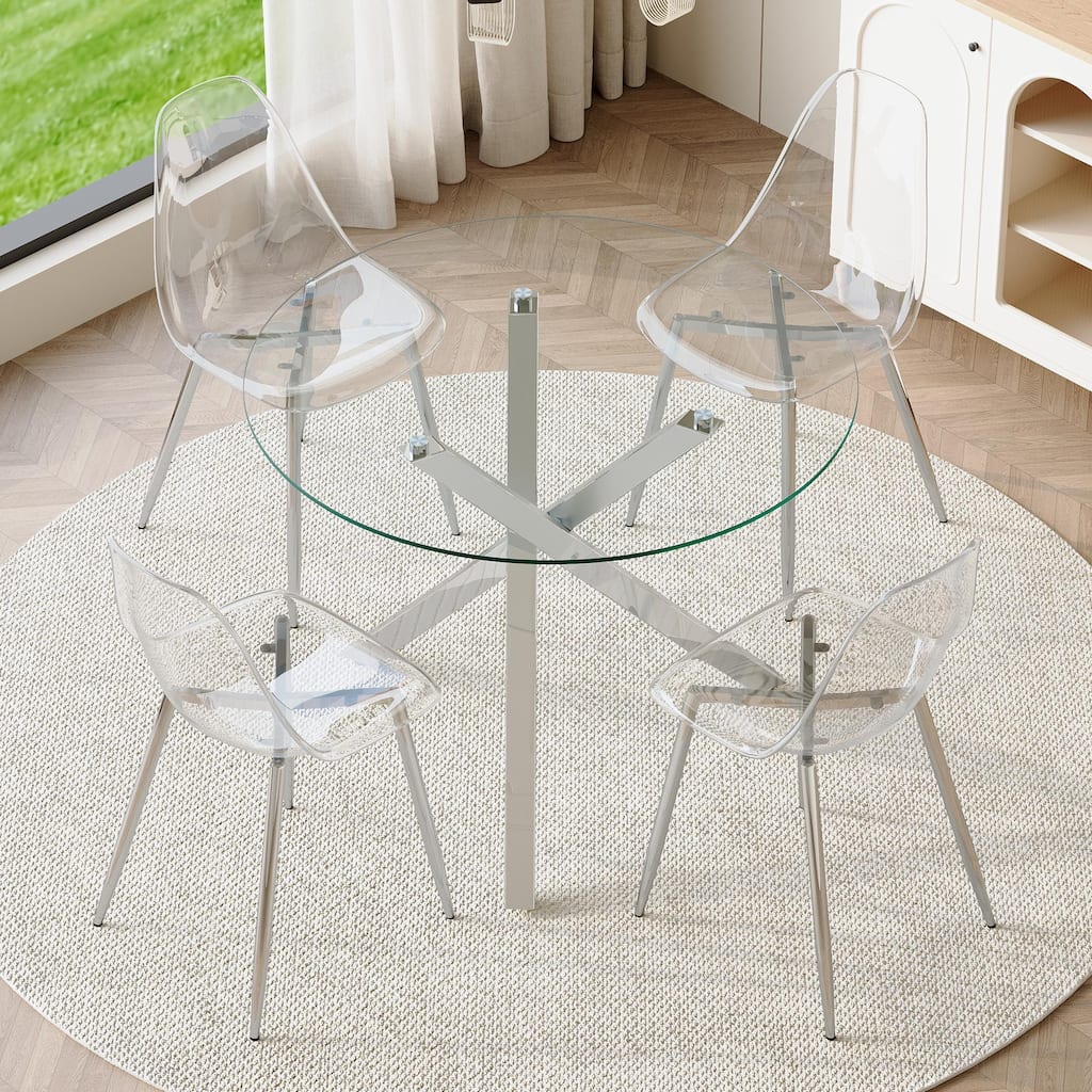 Set of 5 Piece Round Glass Dining Table and 4 Transparent Plastic Chairs X Shaped Metal Base
