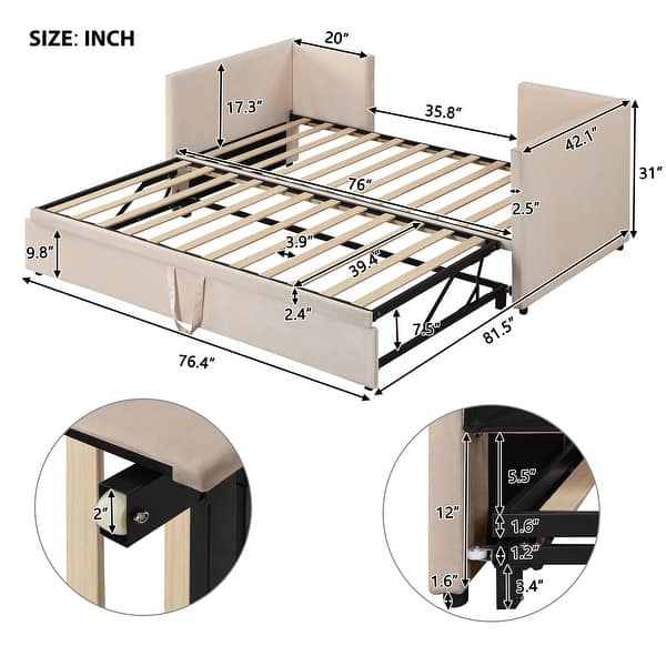 dimension image slide 0 of 3, Twin Size Upholstered Daybed with Pop up Trundle & Wood Slat Support