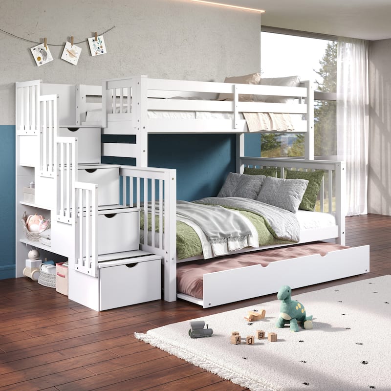 Taylor & Olive Trillium Twin over Full Stairway Bunk Bed, Full Trundle - White