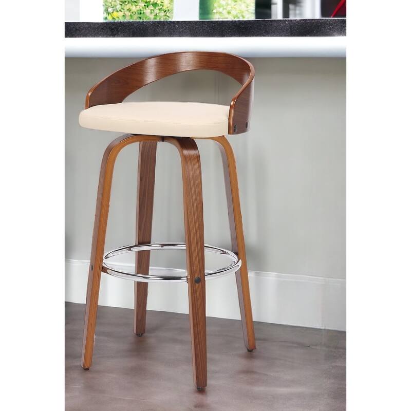 HomeRoots 26" Cream and Brown Faux Leather and Solid Wood Low Back Counter Height Swivel Bar Chair - Counter Height - Single - Cream