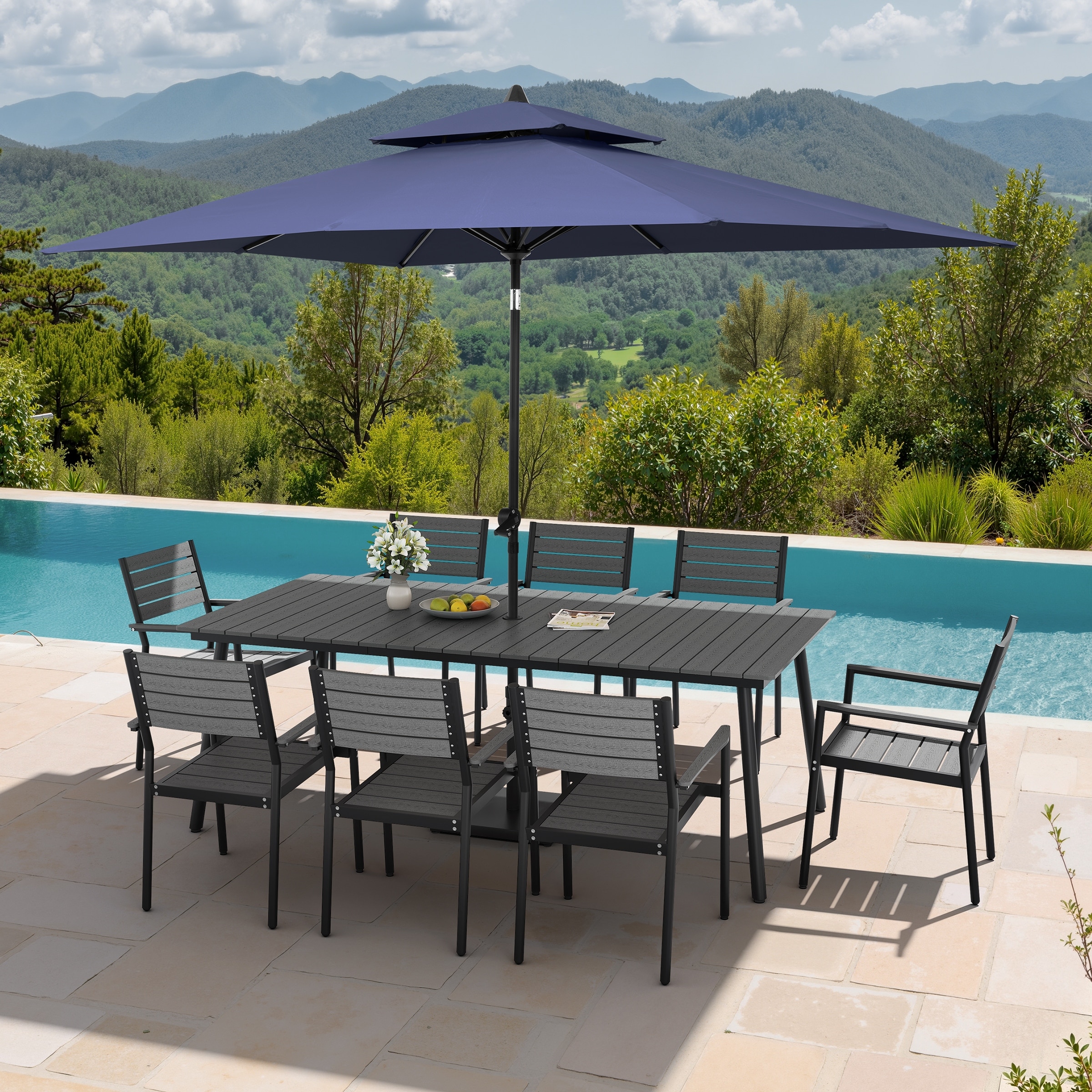 11PC Outdoor Patio Dining Set Aluminum Table with Stackable Armchairs w/ Market Umbrella Set