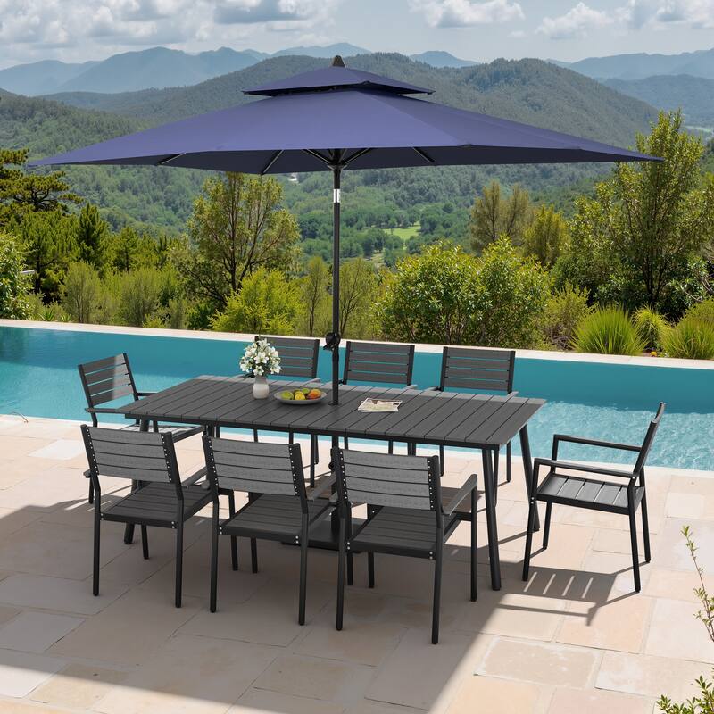 11PC Outdoor Patio Dining Set Aluminum Table with Stackable Armchairs w/ Market Umbrella Set - GreyTable&GreyChairs&NavyBlueUmbrella